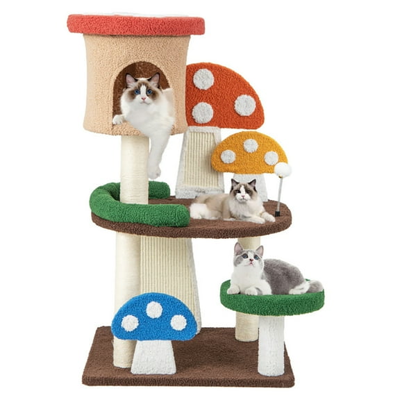 Yardi Yard Cat Tree, 4-In-1 Mushroom Cat Tree with Condo Spring Ball and Sisal Posts-Multicolor, Cat Tower condo for Indoor Cats