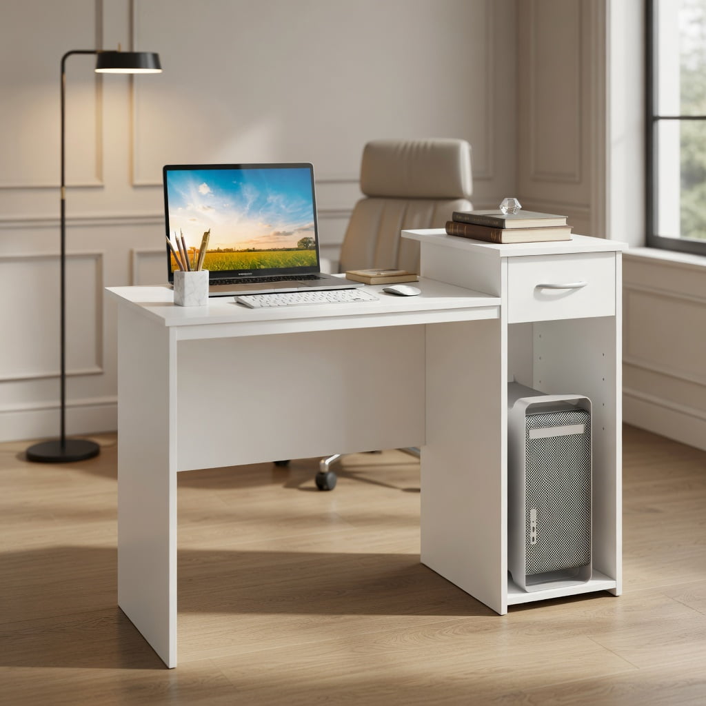 Yardi Yard Computer Desk with Drawer Modern Laptop PC Desk with Adjustable Shelf and Cable Hole-White, Computer Desk, Gaming Computer Desks for Study,Working,Writing