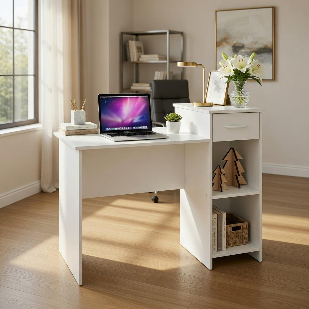 Yardi Yard Computer Desk Modern Laptop PC Desk with Adjustable Shelf and Cable Hole-White, Computer Desk, Gaming Computer Desks for Study,Working,Writing