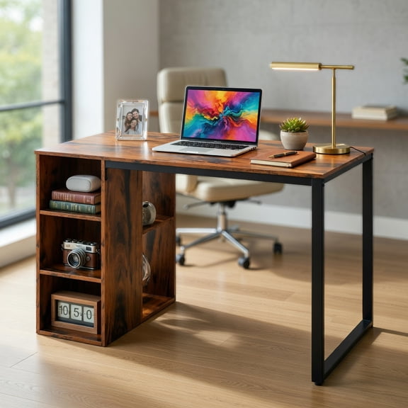 Yardi Yard Computer Desk with 5 Side Shelves and Metal Frame-Rustic Brown, Computer Desk, Gaming Computer Desks for Study,Working,Writing