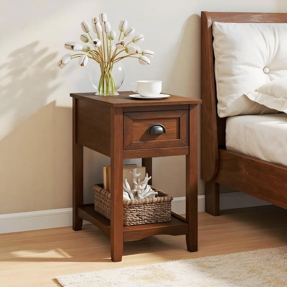 Yardi Yard Contemporary Chair Side End Table Compact Table with Drawer Nightstand-Natural, Side Table, Chairside Table Narrow End Table for Bedroom Living Room Kitchen