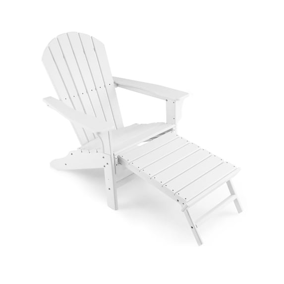 Yardi Yard Folding Adirondack Chair, Patio HDPE Adirondack Chair with Retractable Ottoman-White, Heavy All-Weather Comfortable Set Poolside Backyard
