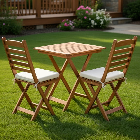 Yardi Yard Folding Chair Table Set with SoFt Seat Cushions and Table, Patio Conversation Set for Outdoor, White