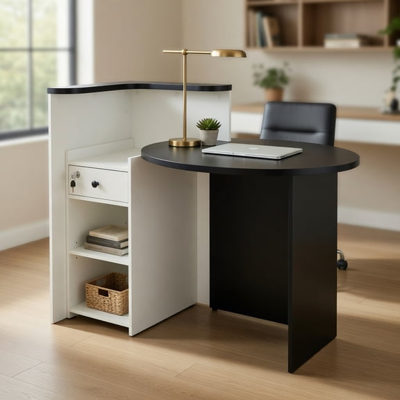 Yardi Yard Front Reception Office Desk with Open Shelf and Lockable Drawer-Black & White, Computer Desk, Gaming Computer Desks for Study,Working,Writing
