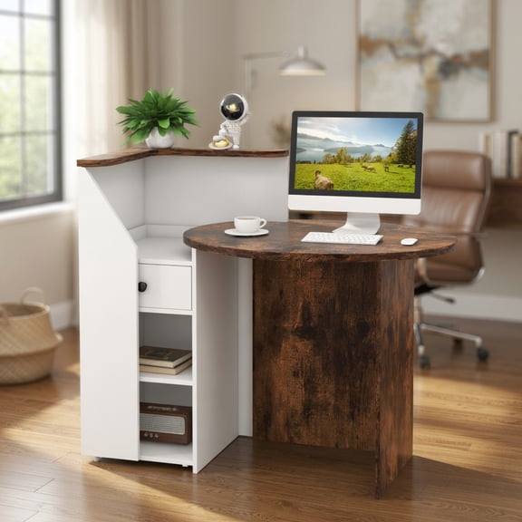 Yardi Yard Front Reception Office Desk with Open Shelf and Lockable Drawer-Brown & White, Computer Desk, Gaming Computer Desks for Study,Working,Writing