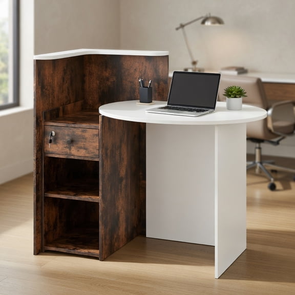 Yardi Yard Front Reception Office Desk with Open Shelf and Lockable Drawer-Rustic Brown, Computer Desk, Gaming Computer Desks for Study,Working,Writing