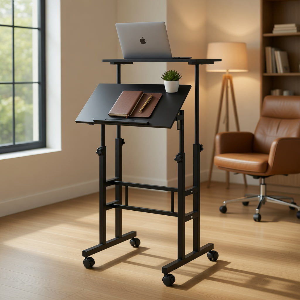 Yardi Yard Height Adjustable Mobile Standing Desk with Rolling Wheels for Office and Home-Black, Office Furniture, Laptop Stand for Home and Office
