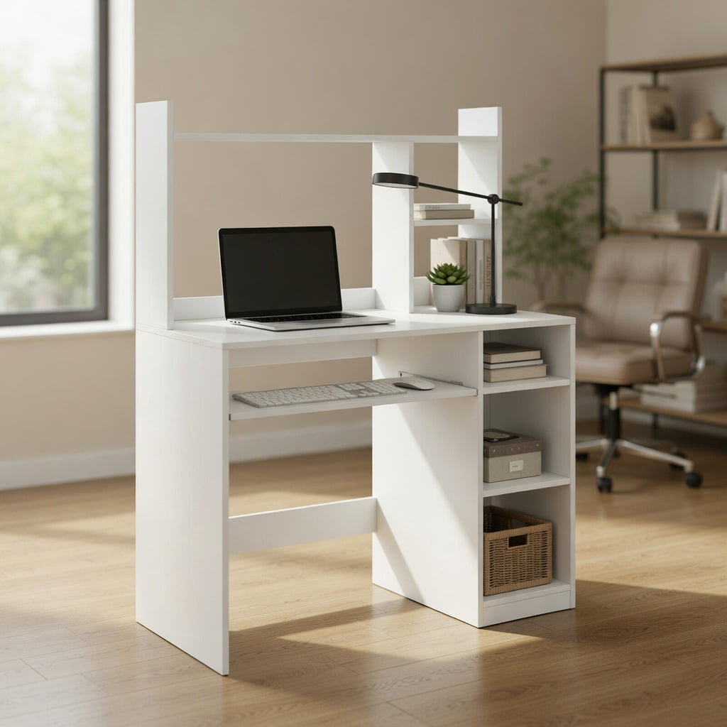 Yardi Yard Home Office Computer Desk with Bookcase Keyboard Tray and CPU Stand-White, Computer Desk, Gaming Computer Desks for Study,Working,Writing