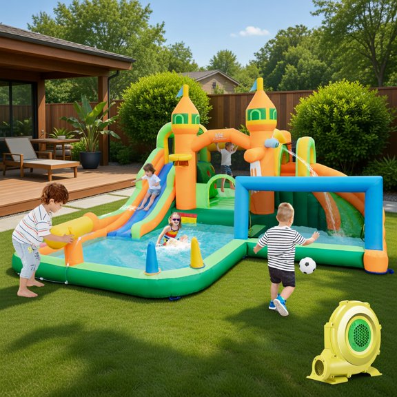 Yardi Yard Kids Inflatable Water Slide for Yard Lawn with 735W Blower, Bounce House with Inflatable Bouncer, Safe Entrance Opening