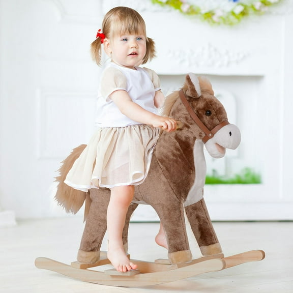 Yardi Yard Kids Rocking Horse, Ride on Horse for Toddlers with Soft Plush Body, Wooden Base & Handle Grip for 3+ Year Old Boys and Girls, Brown