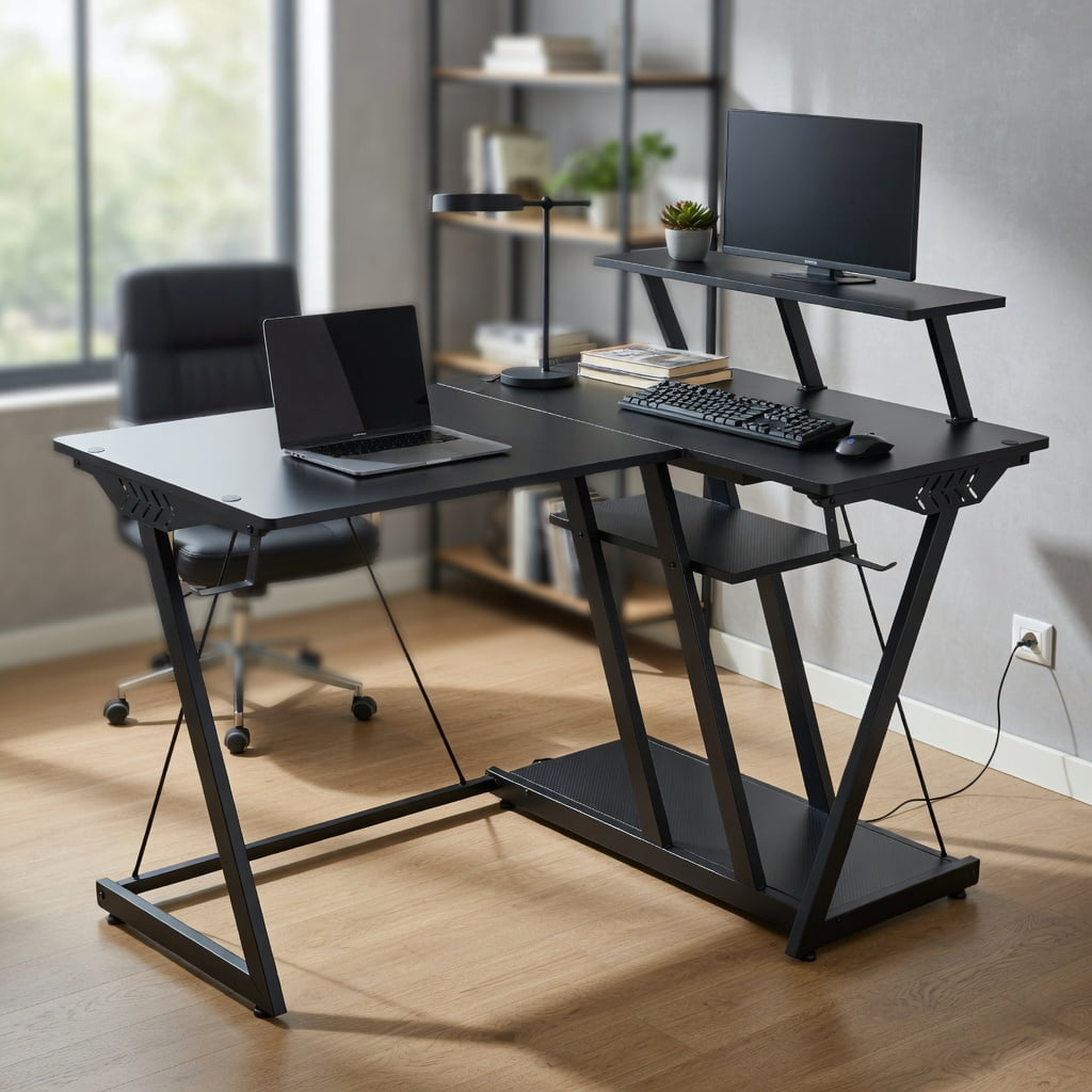 Yardi Yard L Shaped Gaming Desk with Outlets and USB Ports-Black, Computer Desk, Gaming Computer Desks for Study,Working,Writing