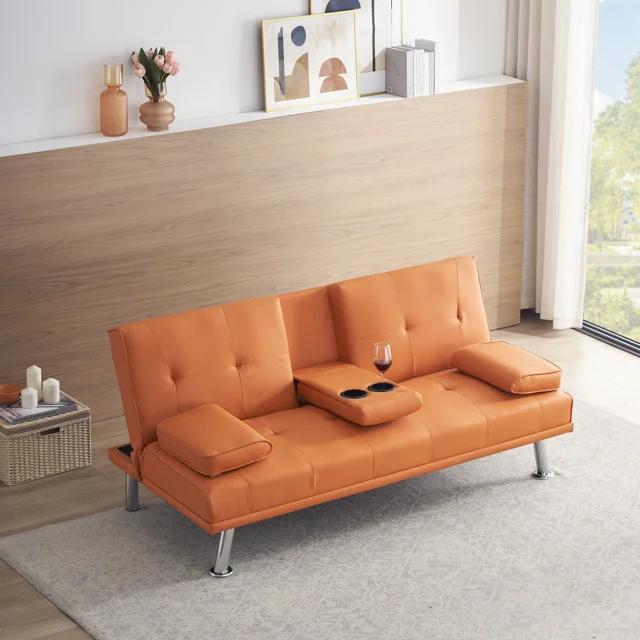 Yardi Yard Leather 67" Sofa Convertible Sofa Bed, Living Room Orange Futon Couch
