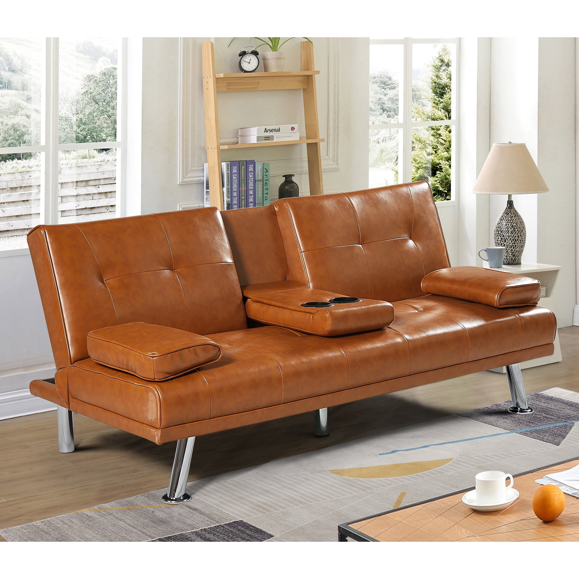 Yardi Yard Leather Sofa Convertible Sofa Bed, Living Room Gray Futon