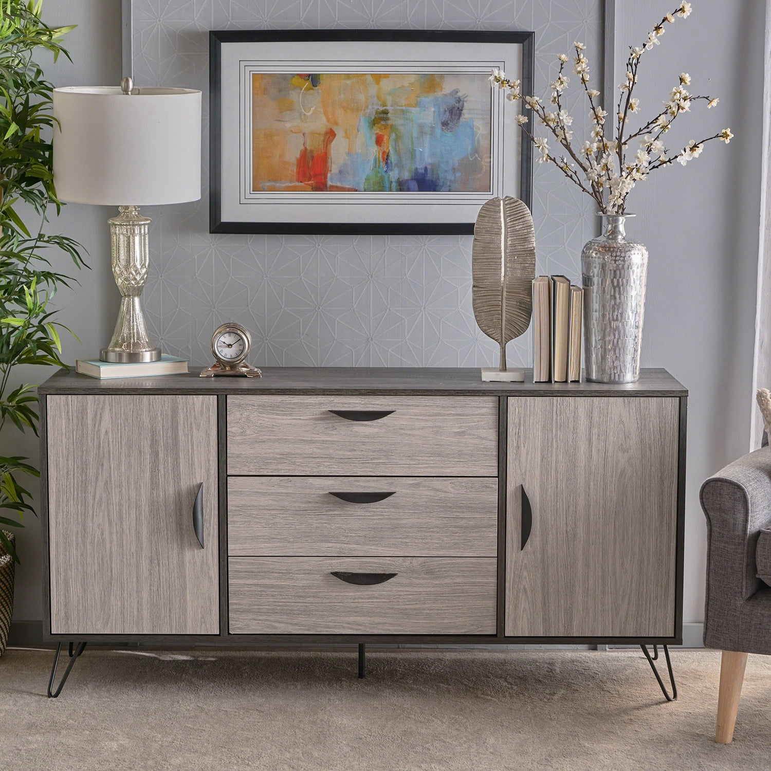 Yardi Yard Mid-Century Grey Cabinet, Hairpin Legs, 3 Drawers + 2 Cabinets, for Living Room