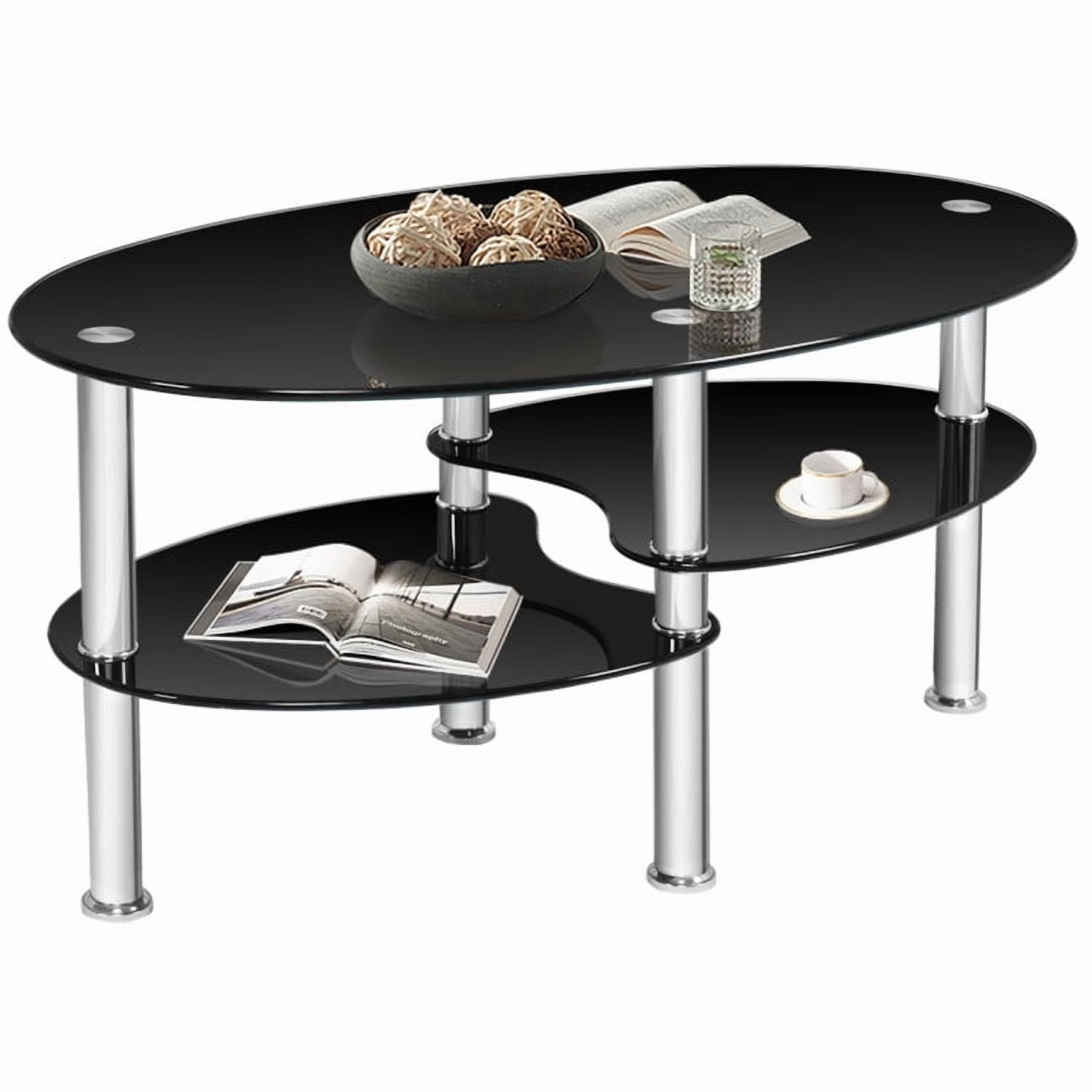 Yardi Yard Mid-Century Modern Oval 2-Tier Tempered Glass Coffee Table with Storage Side Shelf and Oak Wood Legs for Living Room Black