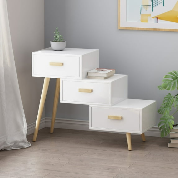 Yardi Yard Mid-Century Style Cabinet, White Faux Wood, Pine Splayed Legs, 3 Drawers, for Living Room