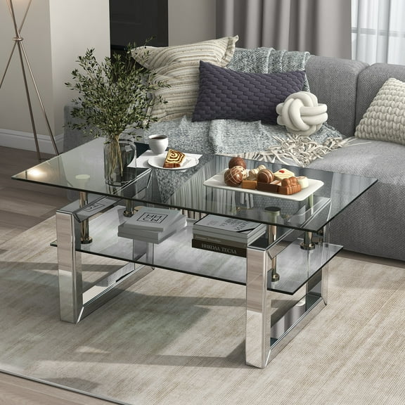 Yardi Yard Mirrored Living Room Center Table with Clear Glass Top, Rectangle Coffee Table for Home Office Silver