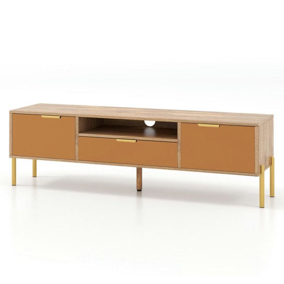 Yardi Yard Mirrored TV Stand for TV up to 65 Inch, TV Stand with Spacious Tabletop and 2 Storage Cabinets, TV Stand for Indoor as Living Room, Natural