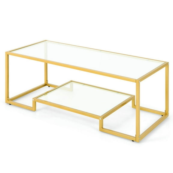 Yardi Yard Modern 2-Tier Rectangular Coffee Table with Glass Table Top-Golden, Storage Coffee Table