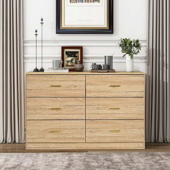 Yardi Yard Modern 6 Drawer Dresser, Golden Handles, Natural Wood, for Bedroom Storage