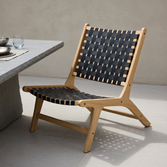 Yardi Yard Modern Armless Lounge Chair, Chair with Natural Teak Wood Frame, Ergonomic Lounge Chair with Nylon Woven Backrest and Seat, Black