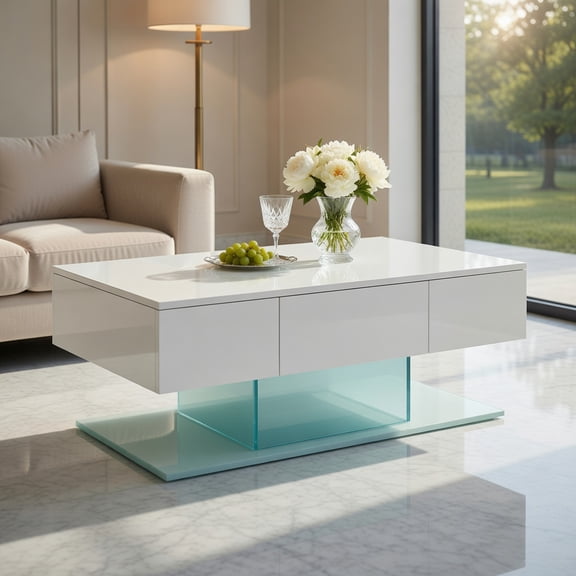 Yardi Yard Modern LED Coffee Table with 20 Color LED Lights and 2 Storage Drawers-White, Coffee Table for Living Room