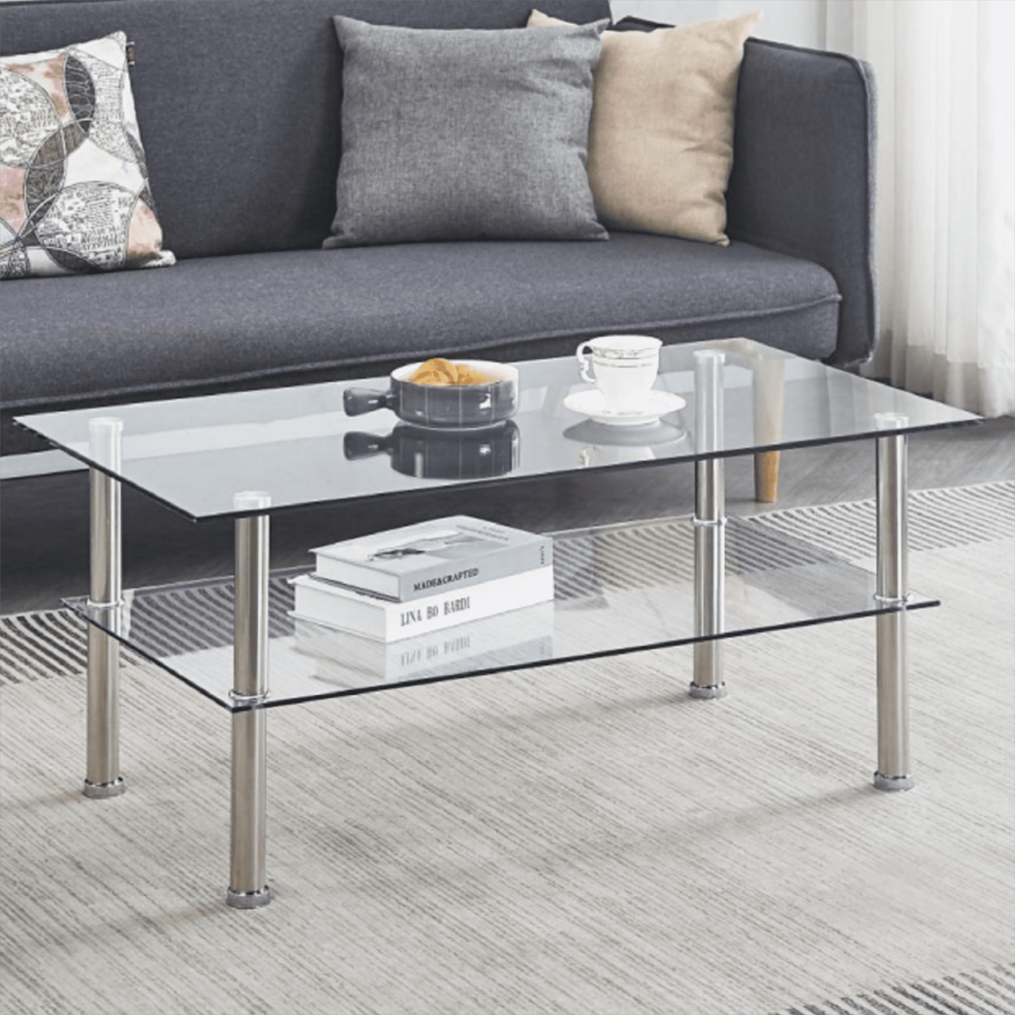 Yardi Yard Modern Living Room Center Table 2 Tier Glass Coffee Table with Metal Legs, Clear Yardi Yard Modern Living Room Center Table 2 Tier Glass Coffee Table with Metal Legs, Clear
