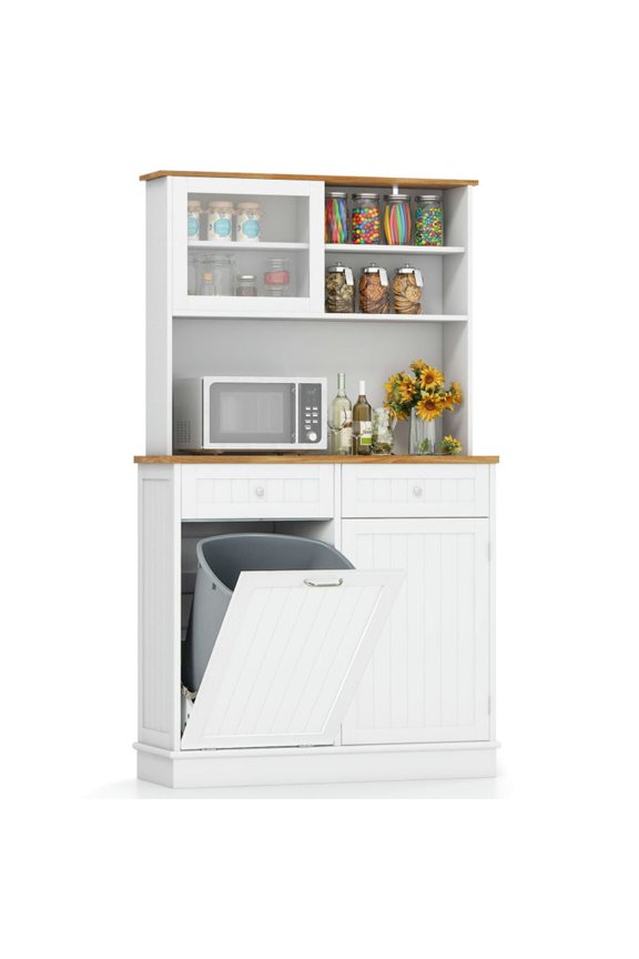 Modern Style Double Tilt Out Trash Cabinet, Large-capacity Partitioned Cabinet with Hutch and Rubber Wood Countertop, Cabinet for Indoor as Kitchen, Living Room, White