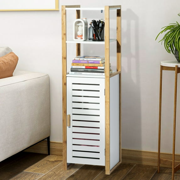Yardi Yard Modern White 3-Shelf Floor Cabinet with Shutter Door, Wooden Storage Organizer Unit for Bathroom Kitchen Living Room