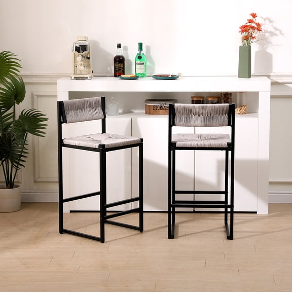 Yardi Yard Modern Wood Counter Height Bar Stools Set of 2, Kitchen Dining Accent Stool with Footrest, Light Walnut&Blue