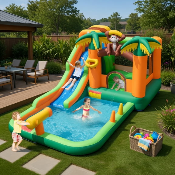 Yardi Yard Monkey-Themed Inflatable Water Slide with Jumping Area and Pool, Inflatable Water Slide with 680W Blower, Inflatable Water Park for Kids, Multi-color