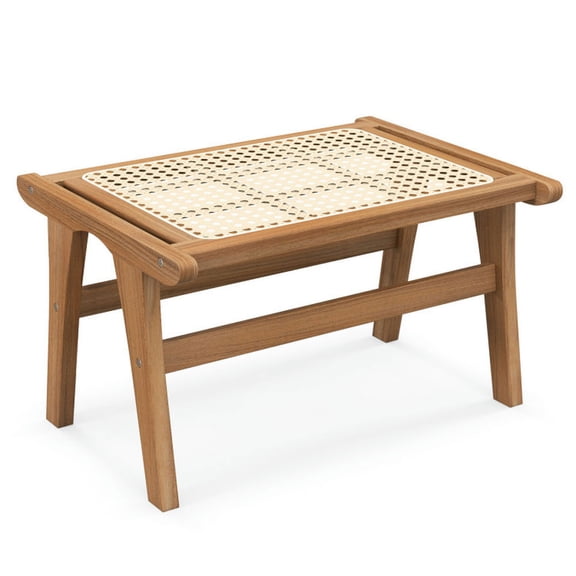Yardi Yard Natural Teak Wooden Foot Rest with Handwoven Rattan, Ottoman