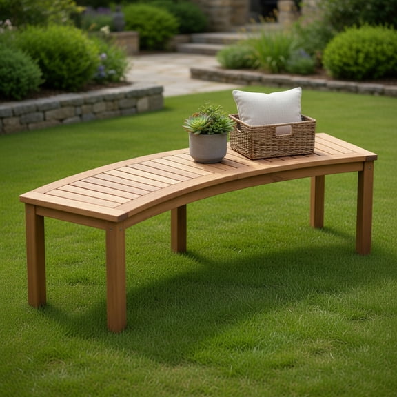 Yardi Yard Outdoor Curved Acacia Wood Fire Pit Bench with Slatted Seat-1 Piece, Outdoor Bench for Pool Deck, Front Porch Bench