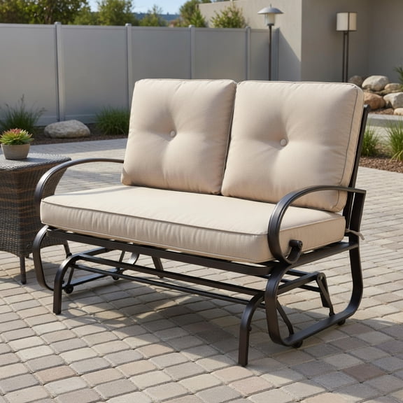 Yardi Yard Outdoor Patio Cushioned Rocking Bench Loveseat, Patio Furniture Chair, Front Porch Bench for Outdoor