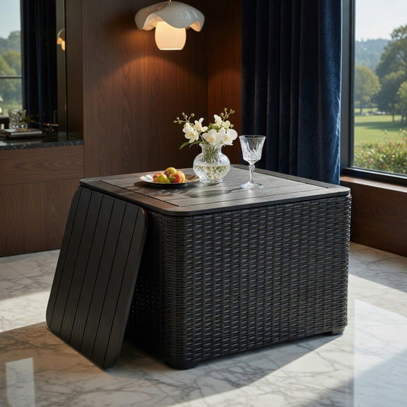 Yardi Yard Outdoor Resin Storage Side Table with Removable Lid and Wicker-woven Accent-Black, Coffee Table for Living Room