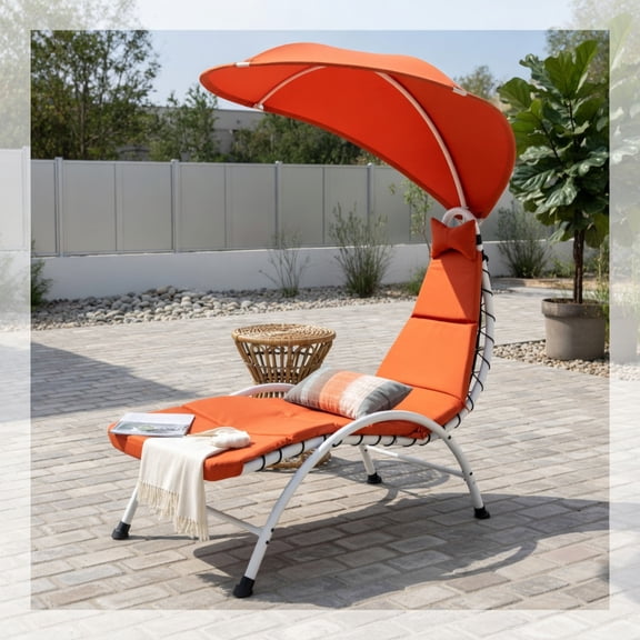 Yardi Yard Patio Hanging Swing Hammock Chaise Lounger Chair with Canopy, Lounge Chairs for Outdoor, Folding Lounger Chaise Chair-Orange