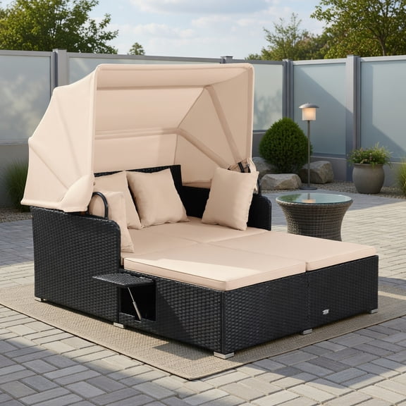 Yardi Yard Patio Rattan Daybed with Retractable Canopy and Side Tables, Outdoor & Patio Furniture, Rattan Daybed for Garden, Yard, Beige