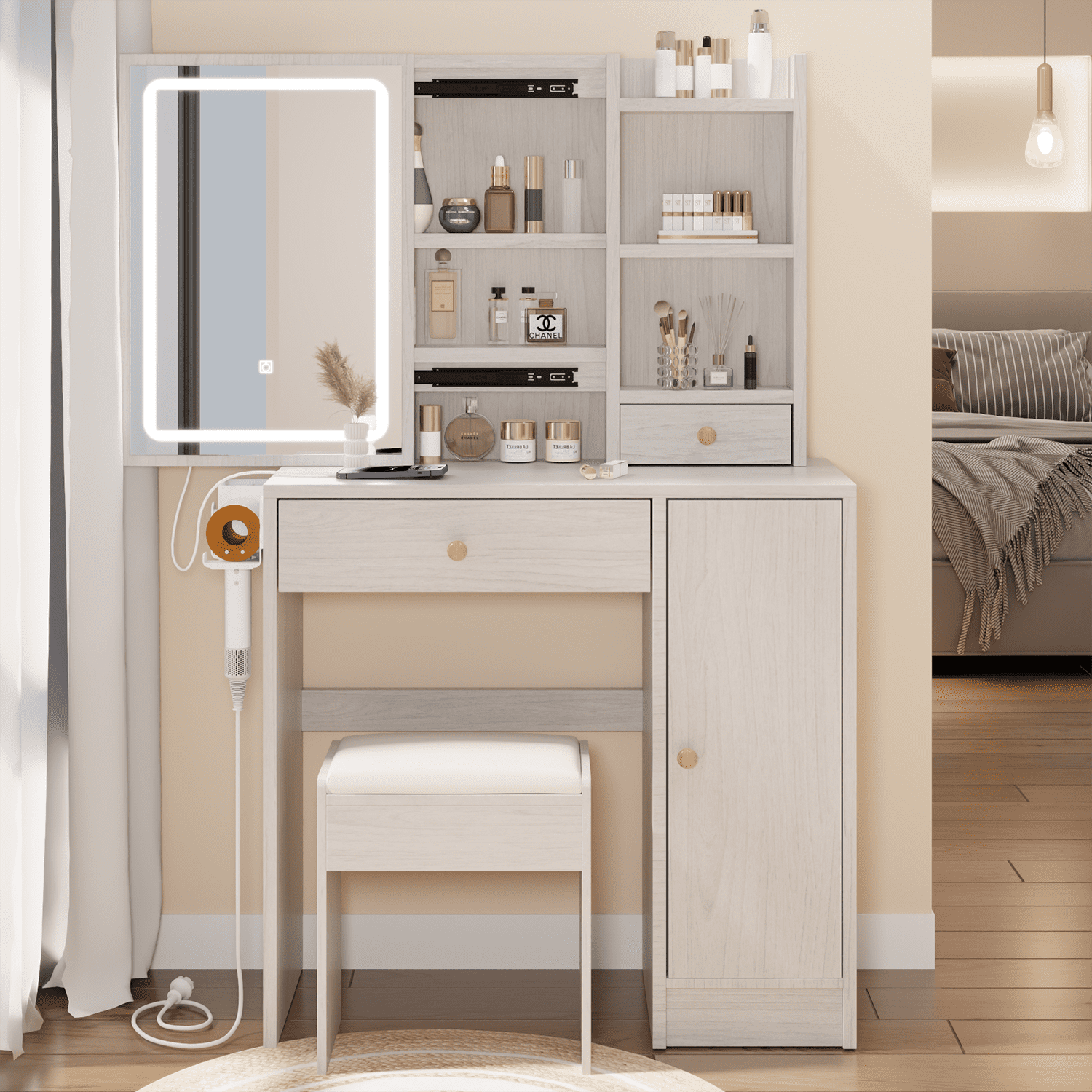 Sliding Stool For Computer Yardi Yard Right Cabinet Desktop Vanity Table + Cushioned Stool, With 2 ...