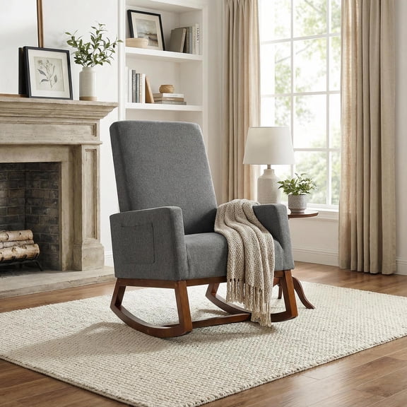 Yardi Yard Rocking High Back Upholstered Lounge Armchair with Side Pocket, Accent Oversized Comfy Reading Chair, Thick Padded Cozy Lounge Chair for Living Room, Bedroom, Dorm, Gray