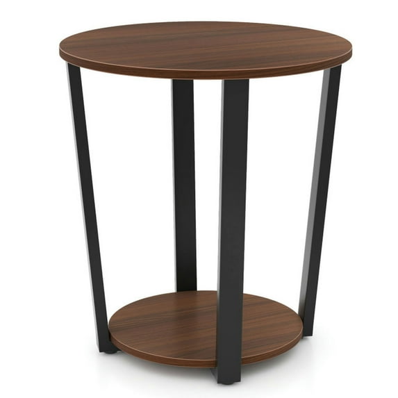Yardi Yard Round End Table with Open Shelf and Metal Frame-Walnut, Side Table, Chairside Table Narrow End Table for Bedroom Living Room Kitchen