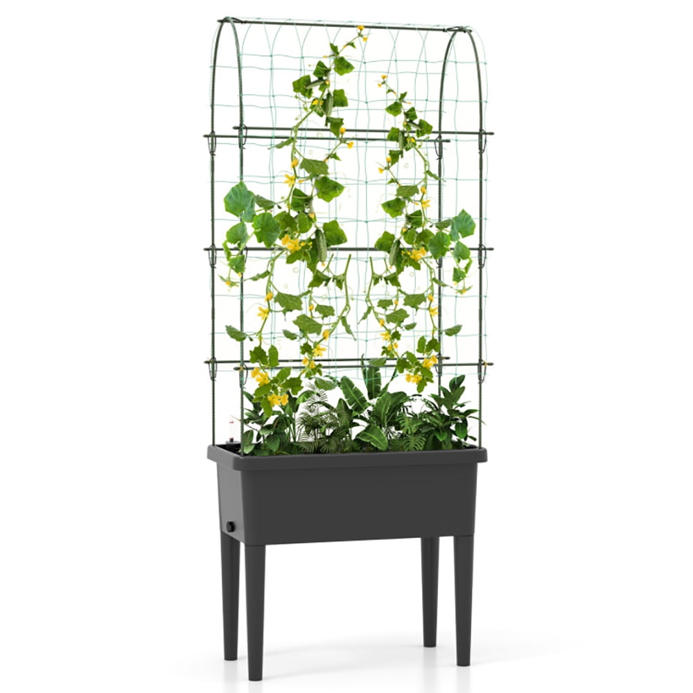 Yardi Yard Self-watering Raised Garden Bed Elevated Planter with Climbing Trellis-Black, Raised Garden Bed for Patio or Yard Gardening