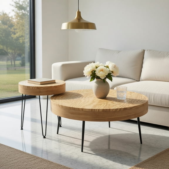 Yardi Yard Set of 2 Solid Wood Farmhouse Round Coffee Tables-Ring Pattern, Coffee Table for Living Room