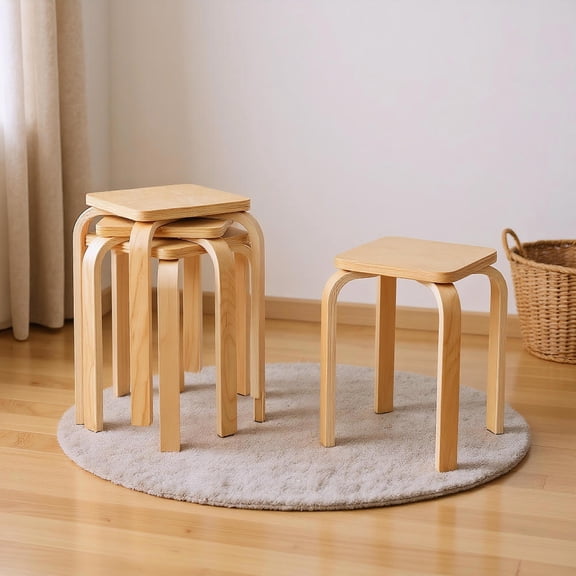 Yardi Yard Stackable Stools Set of 4 with Square Top and Rounded Corners-Natural, Dining Chairs Set, Dining Room Chair for Kitchen, Dining, Bedroom, Living