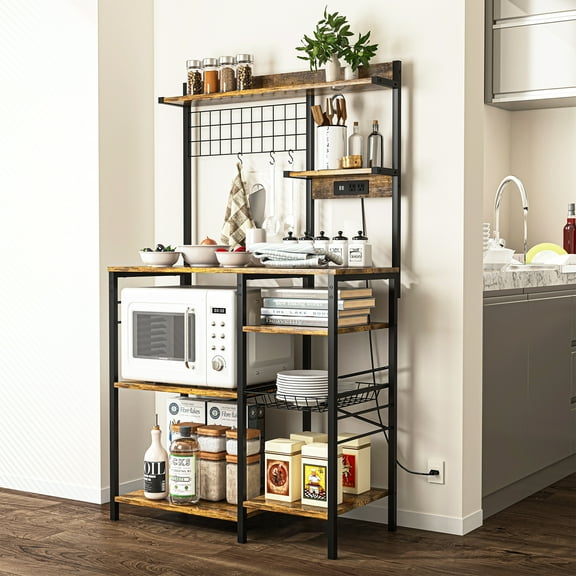 Yardi Yard Standing Baker's Racks Large Metal Kitchen Storage Shelves Units Microwave Stand Brown
