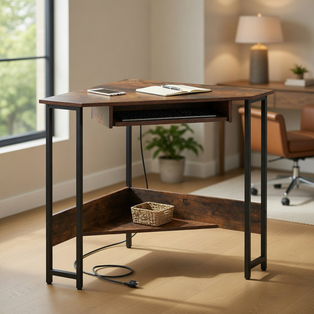 Yardi Yard Triangle Corner Desk with Charging Station Keyboard Tray and Storage Shelf-Rustic Brown, Computer Desk, Gaming Computer Desks for Study,Working,Writing