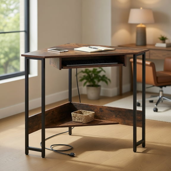 Yardi Yard Triangle Corner Desk with Charging Station Keyboard Tray and Storage Shelf-Rustic Brown, Computer Desk, Gaming Computer Desks for Study,Working,Writing