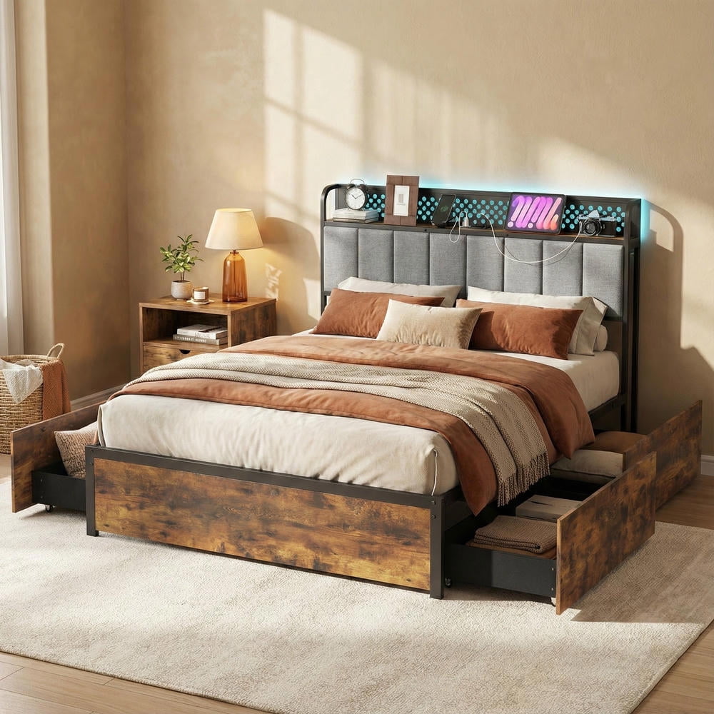 Yardi Yard Twin/Full/Queen Bed Frame with LED Lights Upholstered Headboard and 4 Storage Drawers-Full Size, Bed Frame