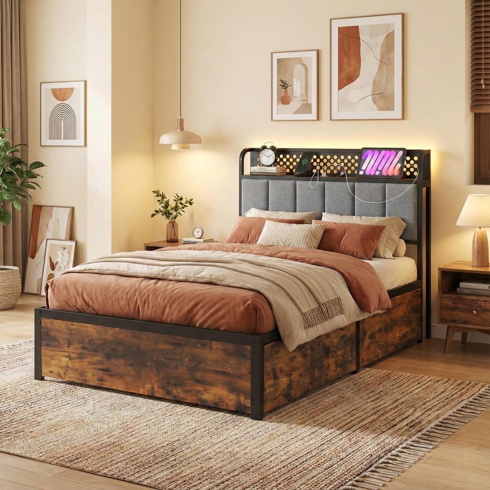 Yardi Yard Twin/Full/Queen Bed Frame with LED Lights Upholstered Headboard and 4 Storage Drawers-Twin size, Bed Frame