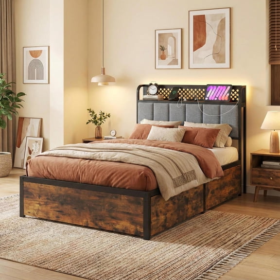 Yardi Yard Twin/Full/Queen Bed Frame with LED Lights Upholstered Headboard and 4 Storage Drawers-Twin size, Bed Frame