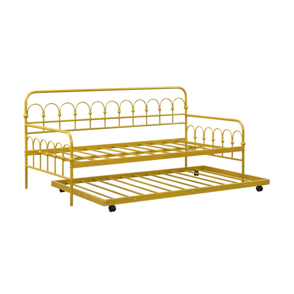 Yardi Yard Twin Size Golden Metal Daybed with Trundle and Lockable Wheels-Twin Size, Yardi Yard Twin Size Golden Metal Daybed with Trundle and Lockable Wheels-Twin Size,